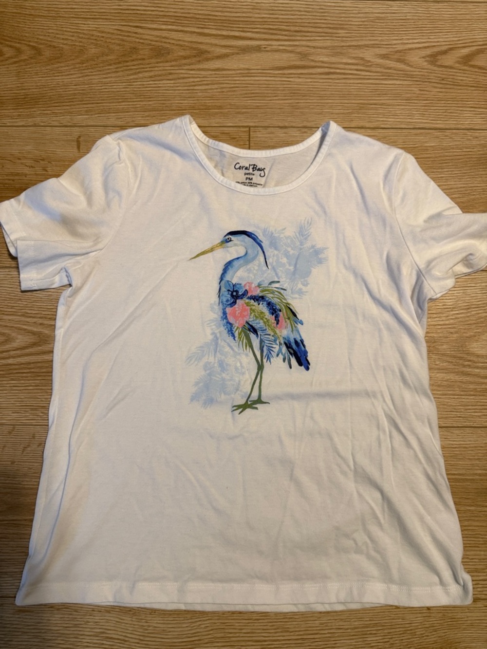 Coral Bay White Tee with Blue, Pink and Green Heron Art